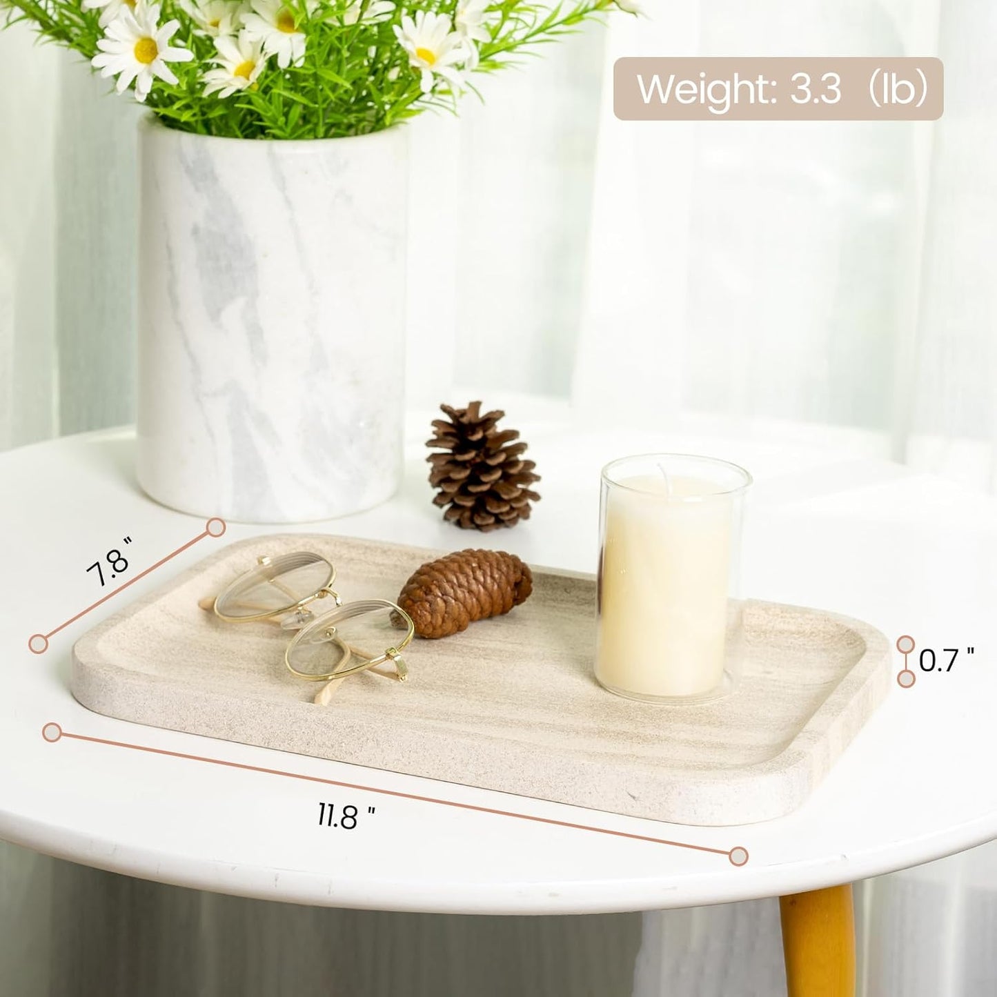 Marble Vanity Tray, Bathroom Tray Countertop, Decorative Dresser Organizer, Perfume, Jewelry Holder, Beige Stone Serving for Kitchen Sink Storage(MOCA Cream)