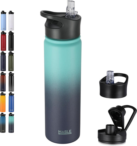 HASLE OUTFITTERS Insulated Water Bottle 22 oz Double Wall Stainless Steel Water Bottle Wide Mouth with Straw Lid & Spout Lid Keeps Cold or Hot(Green Blue Gradient,1)