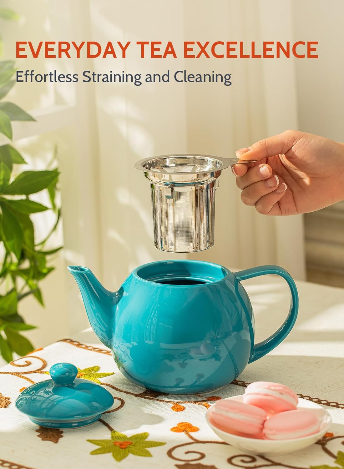 Sweese Teapot, Porcelain Tea Pot with Stainless Steel Infuser, Blooming & Loose Leaf Teapot - 27ounce, Steel Blue