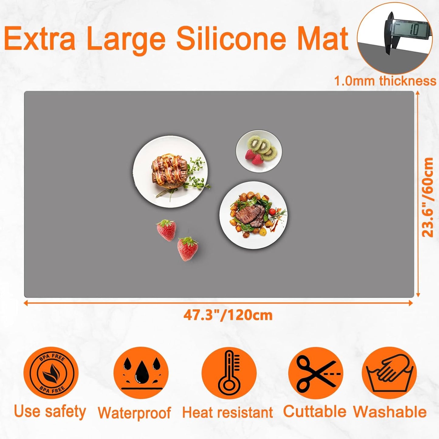 47.3''x23.6''(120cmx60cm) Extra Large Silicone Mat for Kitchen Counter, Heat Resistant Countertop Protector, Non-Slip Waterproof Kitchen Island Mat, Easy to Clean, Semitransparent