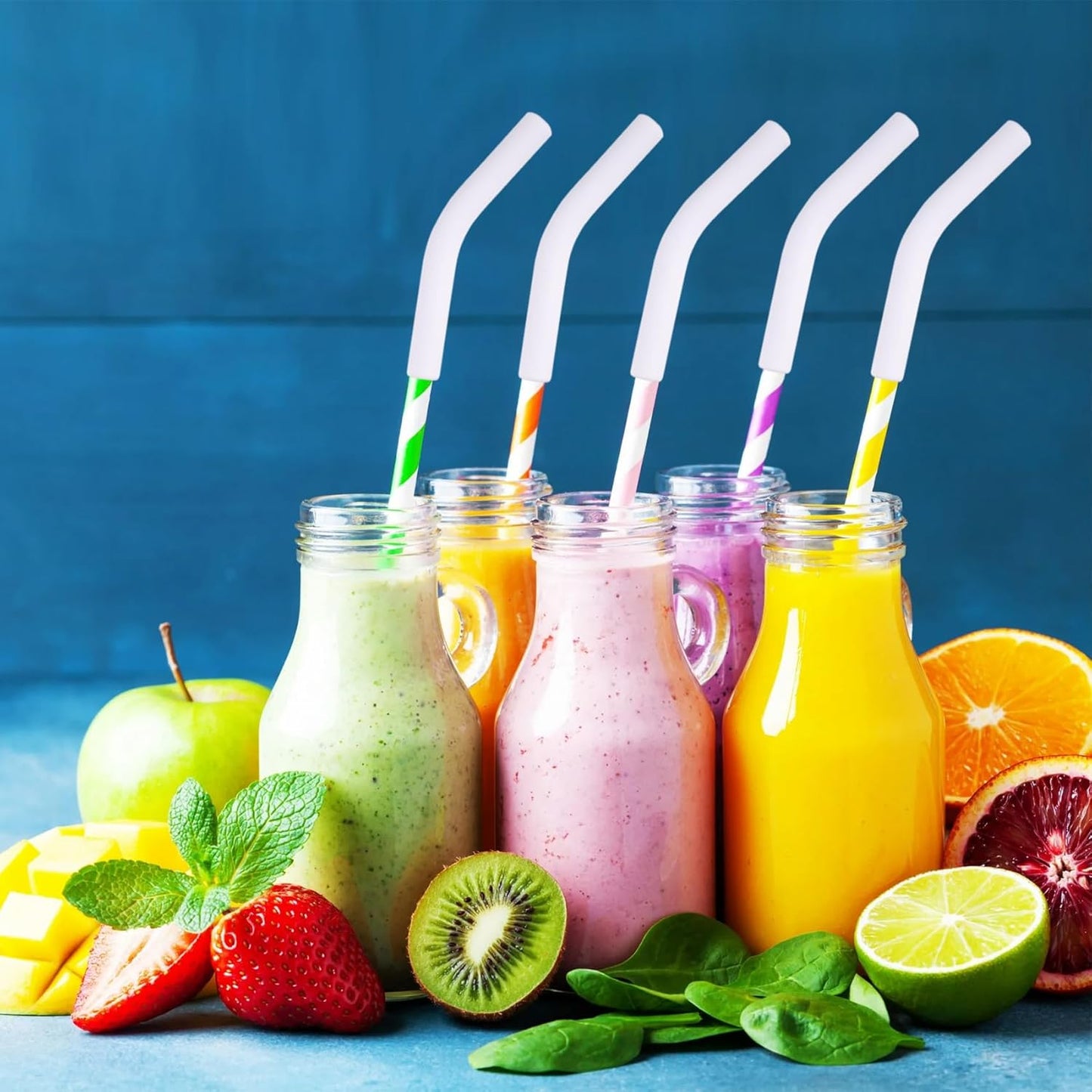 6pcs Food-Grade Silicone Metal Straw Tips, Reusable Flex Elbow Straws Cover Replacement Tips, Soft Straw Toppers Kits for 8 mm Stainless Steel Metal Straws - White