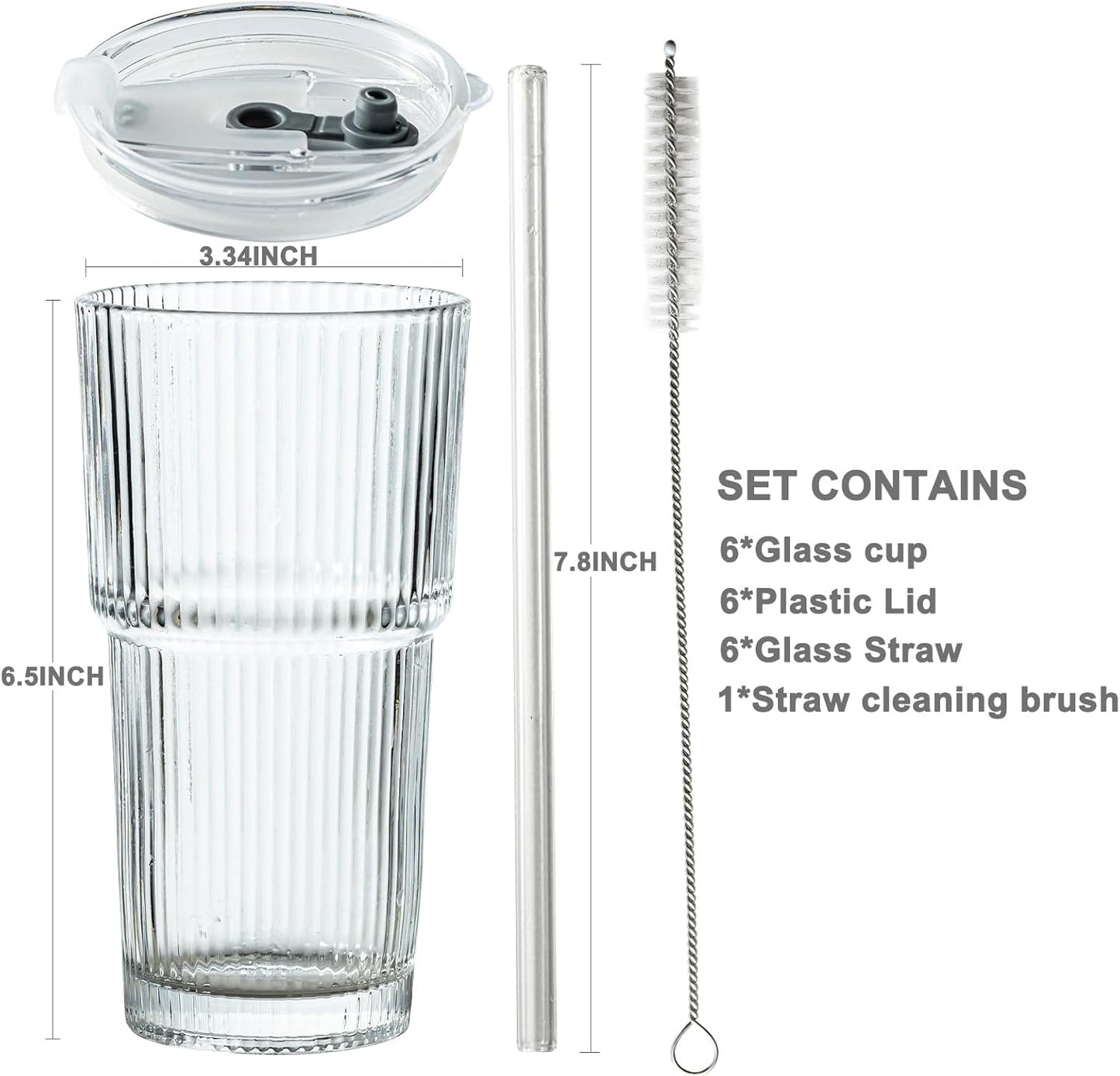 20oz Ribbed Drinking Glasses with Lids and Glass Straws-Thickened Glass cup -Vintage glass straw cups- Ideal for Iced Coffees, Cocktails, Juices, Family Use and Parties (6)