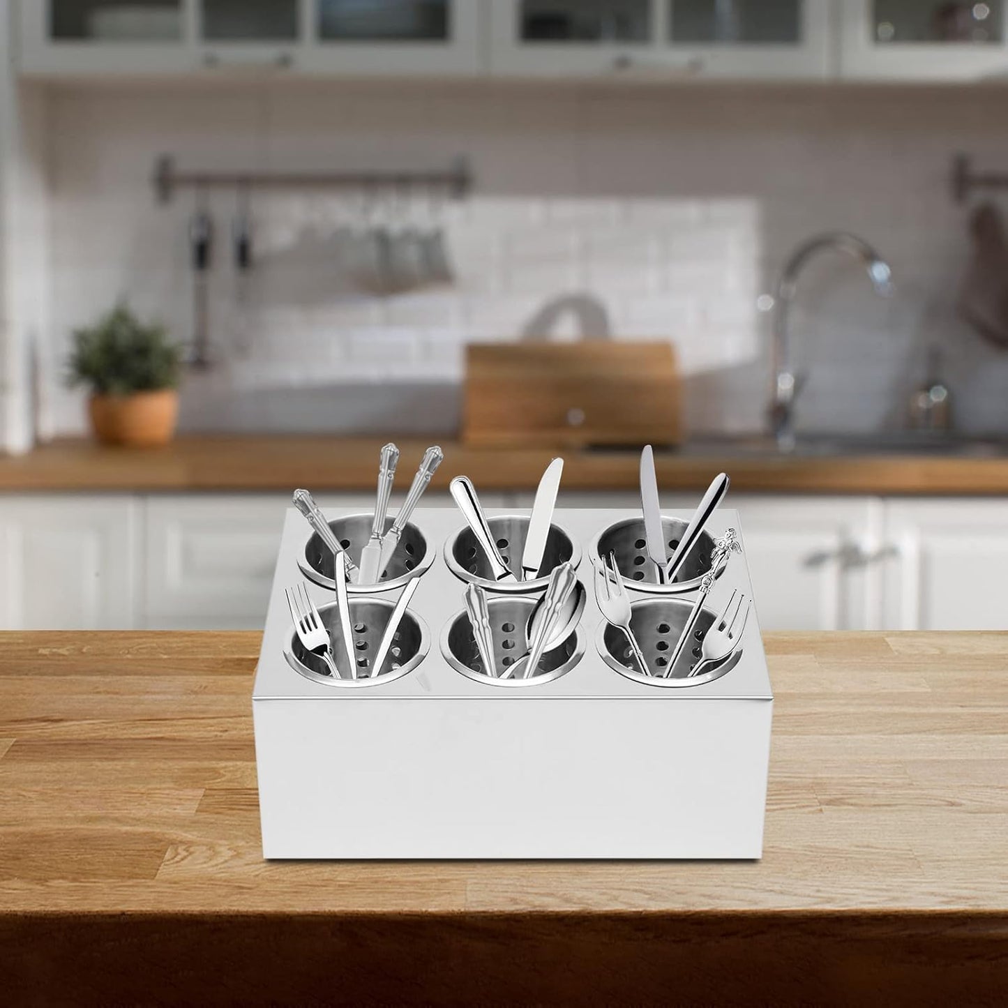 Stainless Steel Flatware Utensil Holder, Commercial 6-Hole Cylinder Silverware Organizer for Countertop Restaurant
