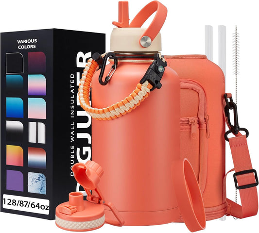 64oz Insulated Water-Bottle with Strap - Half Gallon Water Jug with Straw & Spout Lid, 2 Liter Stainless Steel Water Bottle Leak Proof, Cold-48h Hot-24h Metal Flask w/Paracord Handle, Carrier Case