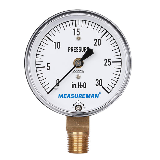 MEASUREMAN Diaphragm Type Capsule Low Pressure Gauge 2-1/2" Dial, 1/4" NPT Lower Mount, Adjustable, 0-30 in H2O(Inches of Water)
