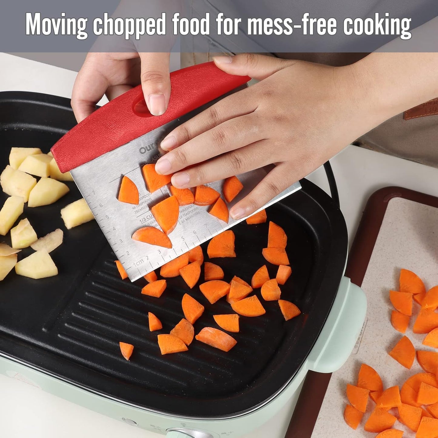 Ourokhome Dough Pastry Bench Cutter Scraper, Stainless Steel Pizza Cutter for Kitchen Baking, Dishwasher Safe, Anti-Wear Laser-Engraved Measuring Scale and Conversion Chart, 2 Pack, Red