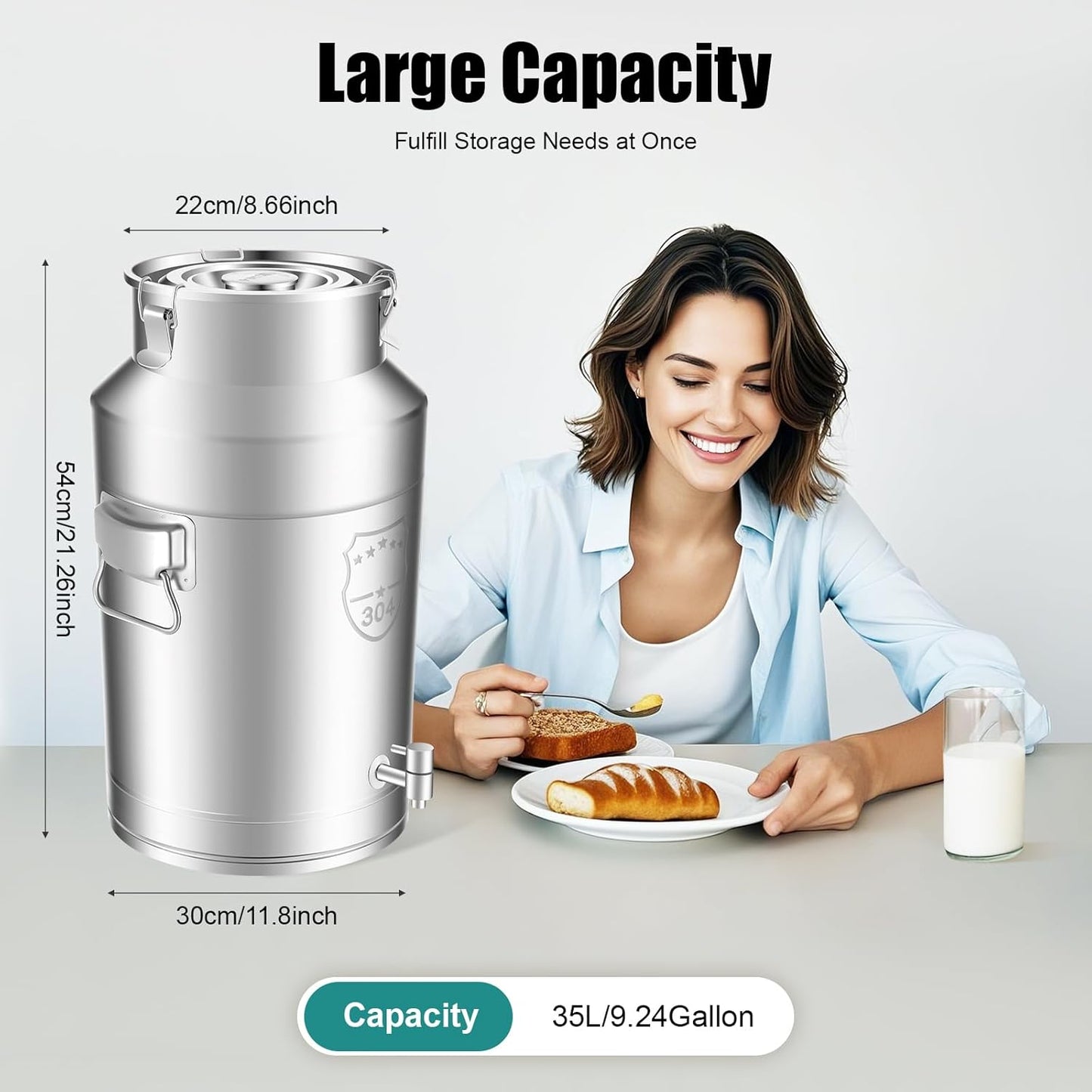 304 Stainless Steel Milk Bucket with Faucet,Milk Buckets with Lid Can Large Liquid Container Storage,Sealing Lid and Carry Handle, Airtight Design(35L/9.24 Gal,w/Faucet)