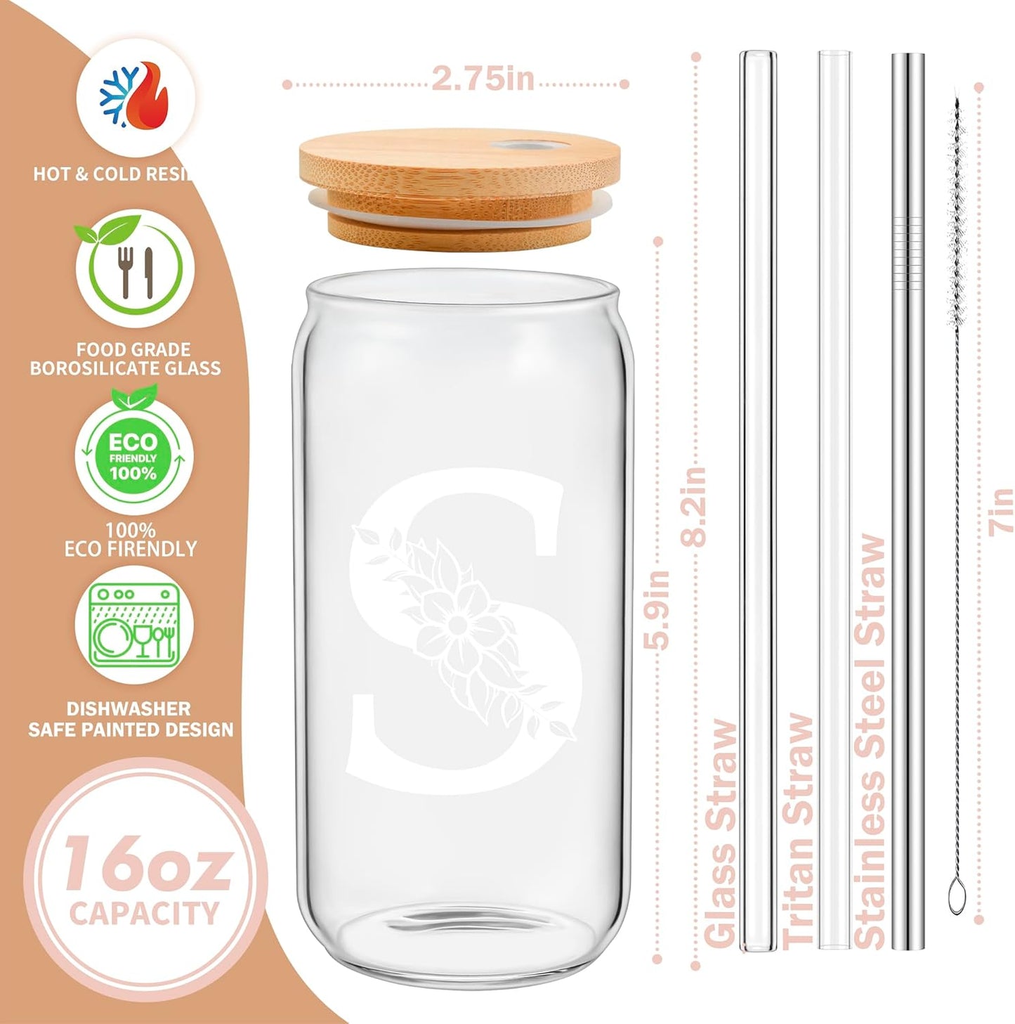 Personalized Gifts for Women, Monogrammed Glass Cups with Lids and Straws, Custom Tumbler, Cute Customized Mug, Aesthetic Stuff, Initial Iced Coffee Cup, Drinking Glasses, Birthday Teacher Gifts, K