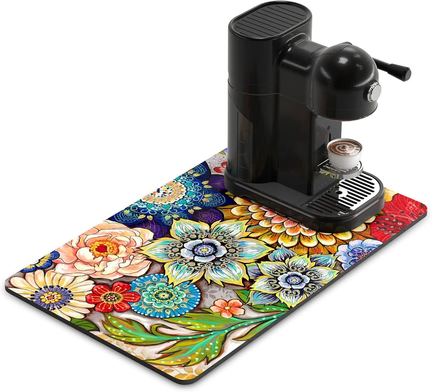 Rnivvi Coffee Mat, 12" x 19" Cute Flower Theme Coffee Bar Mats for Espresso Machine Station Accessories and Organizer, Hide Stain Rubber Backed Absorbent Dish Drying Pad for Kitchen Counter, Mandala