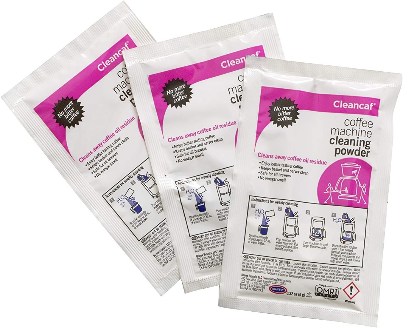 Urnex Coffee Maker and Espresso Machine Cleaner Cleancaf Powder - 2 Pack (6 Packets) - Safe on Delonghi Ninja Hamilton Beach Mr Coffee Braun and More