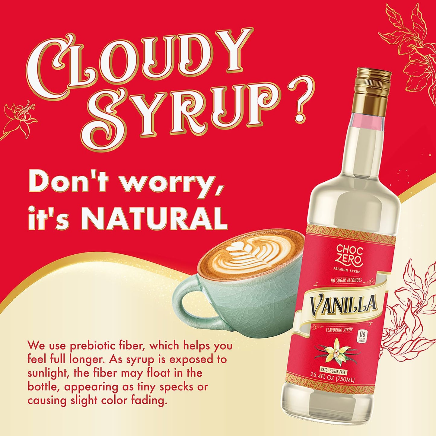 ChocZero Sugar Free Vanilla Syrup for Coffee - Keto Flavoring Syrups - Low Calorie Simple Syrup for Flavored Drinks – 25.4 Fluid Ounces