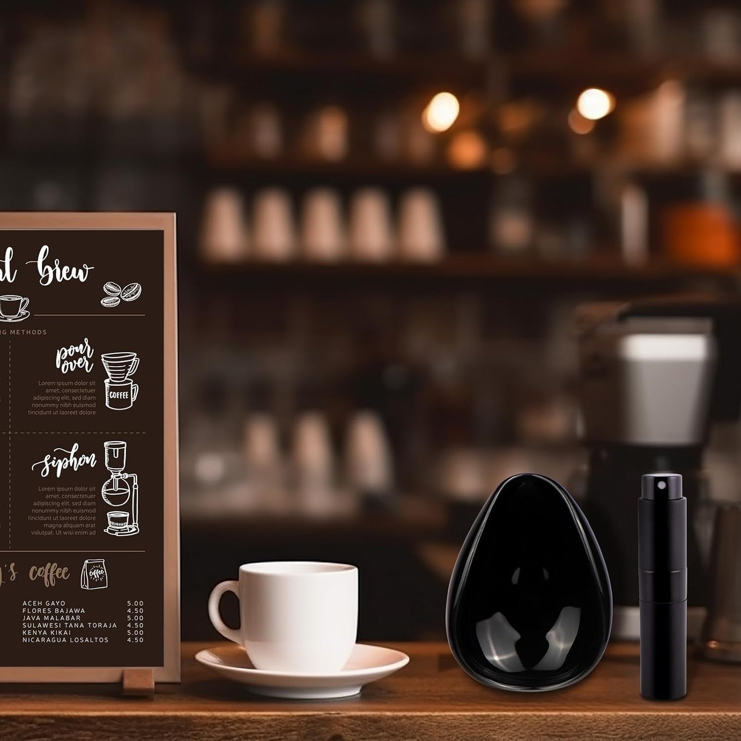 Coffee Bean Dosing Cup and Spray Bottle Set - Ceramic Espresso Accessories Kit, 8ml Static Reducing Sprayer for Cafe, Home Use | Barista-Approved Dosing Tools (Black)