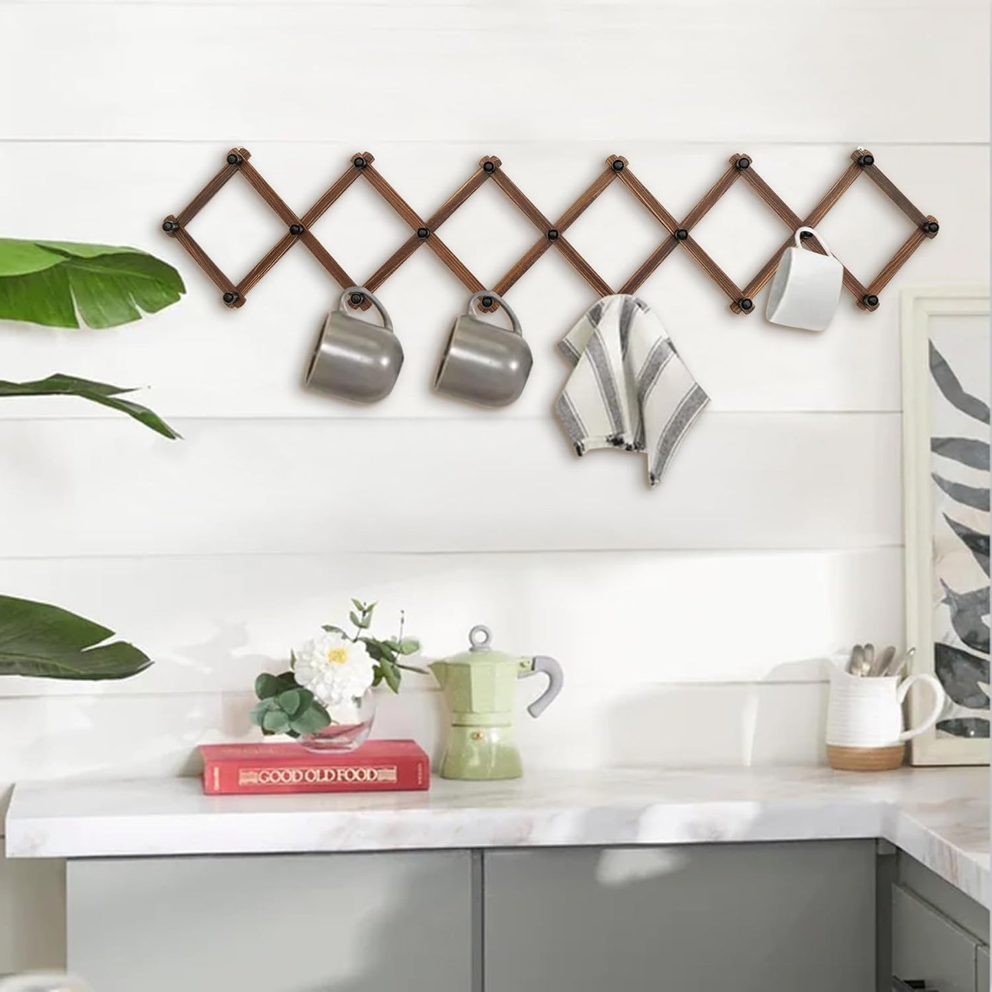 WGFKVAS Expandable Coat Rack, Accordion Wall Hangers, 19 Hooks Wooden Hat Rack Wall Mounted, Hat Hooks for Keys, Coffee Mug, Coats