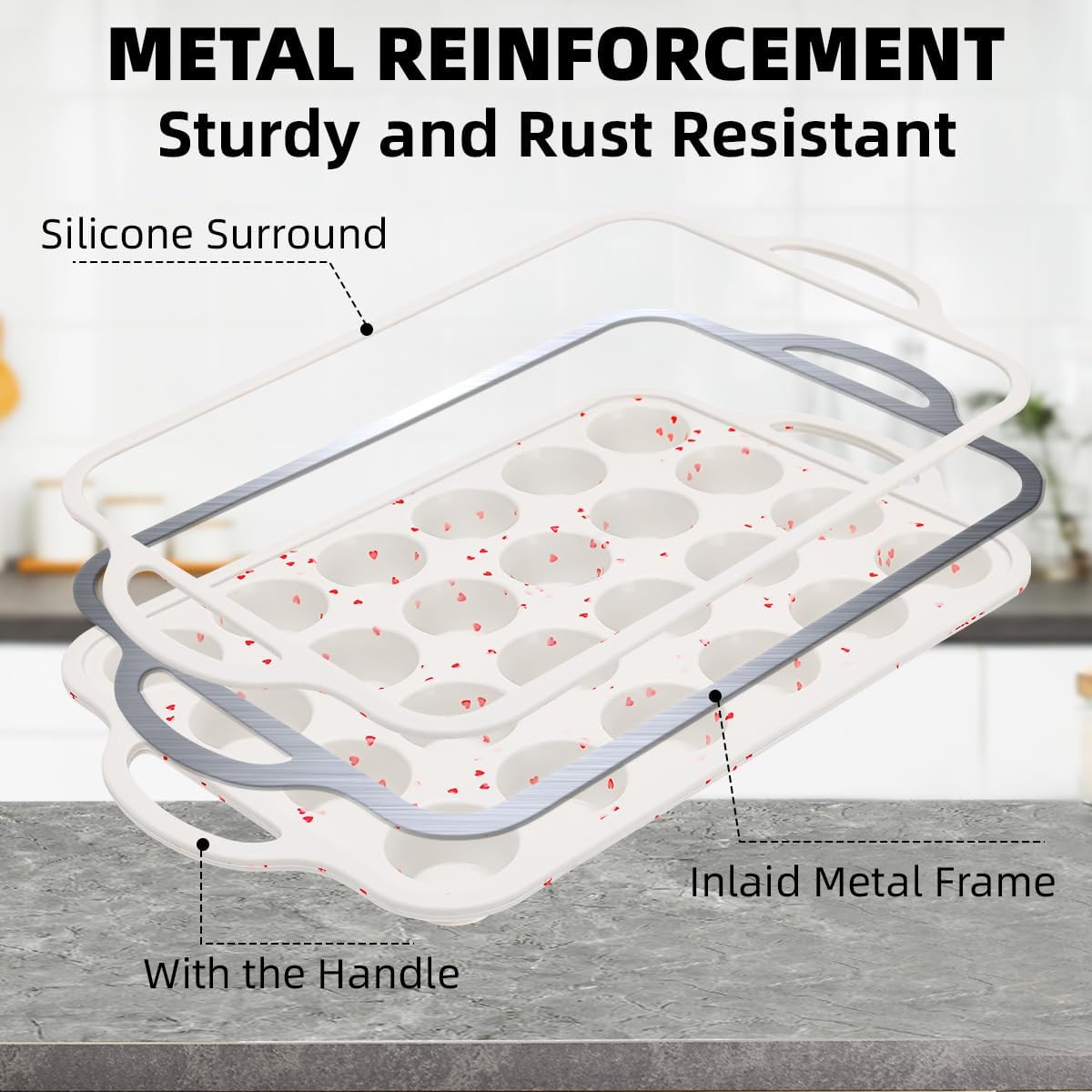 CAKETIME Mini Cupcake Pan, Metal Reinforced Frame Silicone Mini Muffin Pan Nonstick 24 Cups with Handle for Valentine's Day Baking Muffins, Cupcakes, Egg Bites 1 Pack