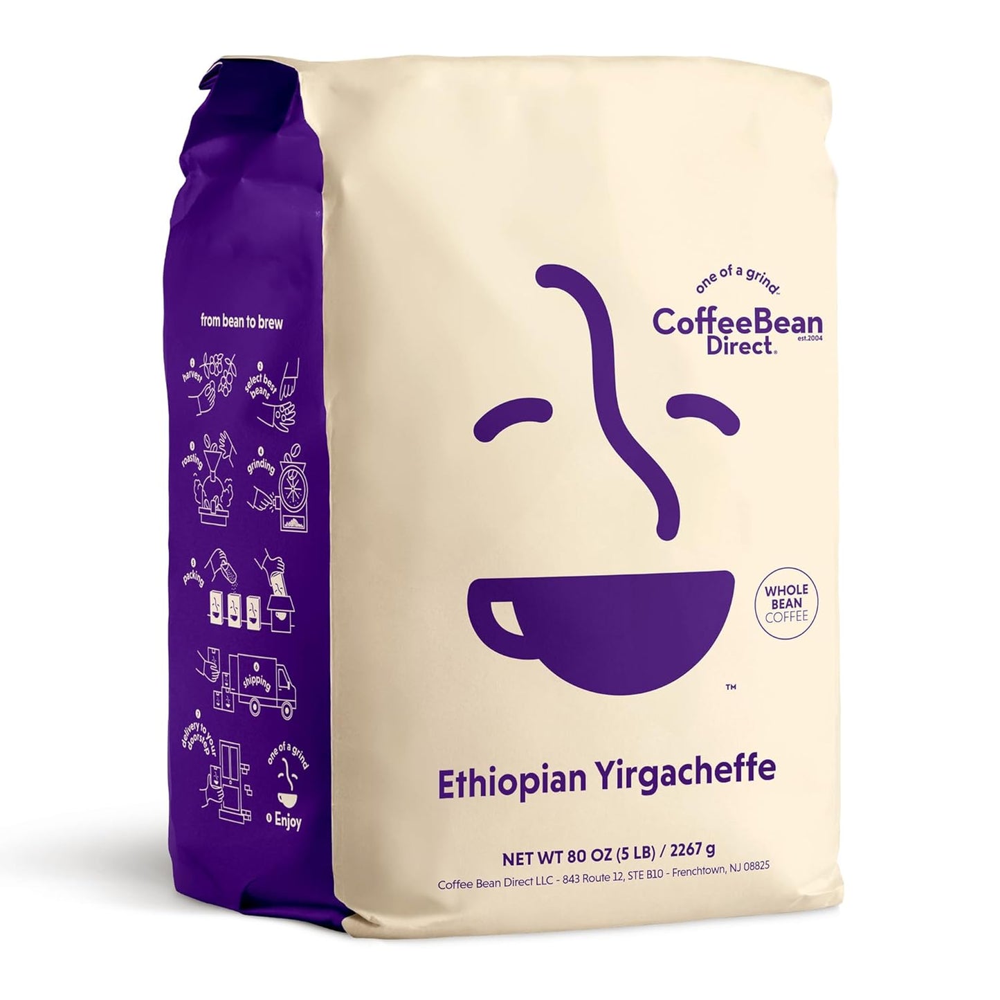 Coffee Bean Direct Ethiopian Yirgacheffe, Whole Bean Coffee, Light Roast, 5 Pound Bag (Pack of 1)