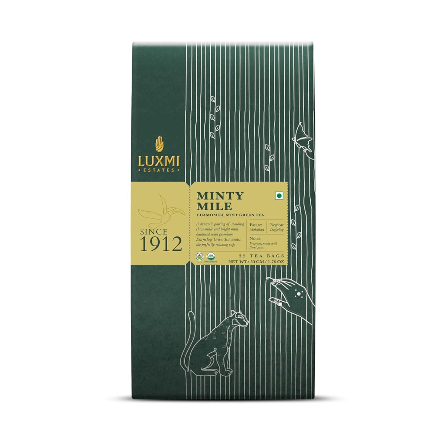 Luxmi Estates Minty Mile Organic Chamomile Mint Green Tea (25 Tea Bags) Low Caffeine Tea Bags For Relaxing, Calming, and Stress Relief, With Certified Organic Darjeeling Makaibari Green Tea