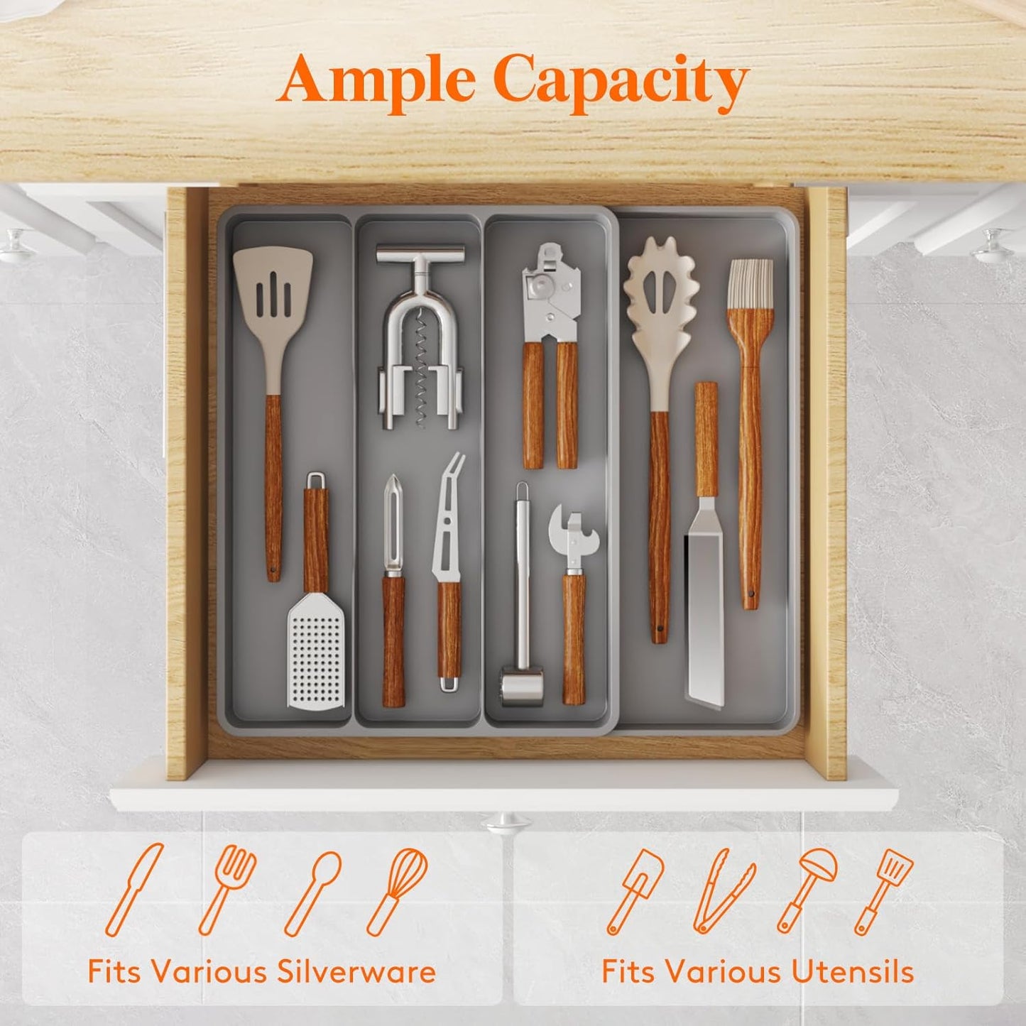 Lifewit Utensil Drawer Organizer, Expendable Cooking Silverware Tray for Kitchen Drawer, Adjustable Cutlery Flatware Holder, Plastic Spatula Tools and Gadgets Storage Divider, 4 Compartments, Gray