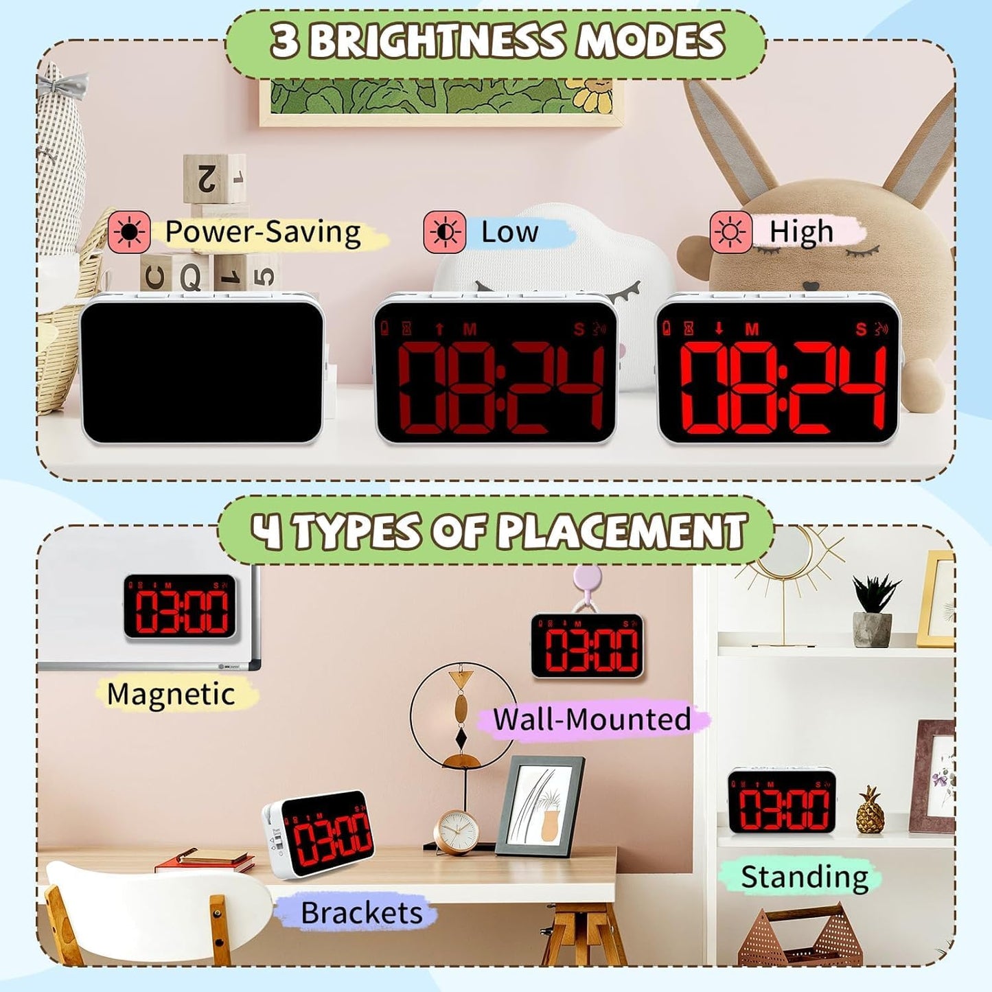 Digital Timer for Kids, 199min 59s Countdown/Up, Rechargeable, Magnetic, 3 Brightness Display, 3 Volume Levels and Vibration, with Sound Alert Function, for Kitchen, Classroom, Study, Fitness