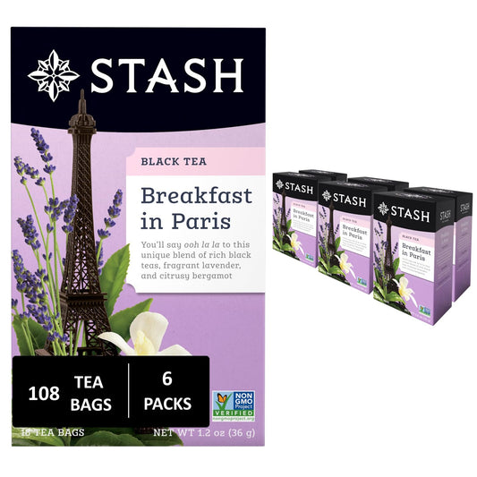 Stash Tea Breakfast In Paris Black Tea - Caffeinated, Non-GMO Project Verified Premium Tea with No Artificial Ingredients, 18 Count (Pack of 6) - 108 Bags Total