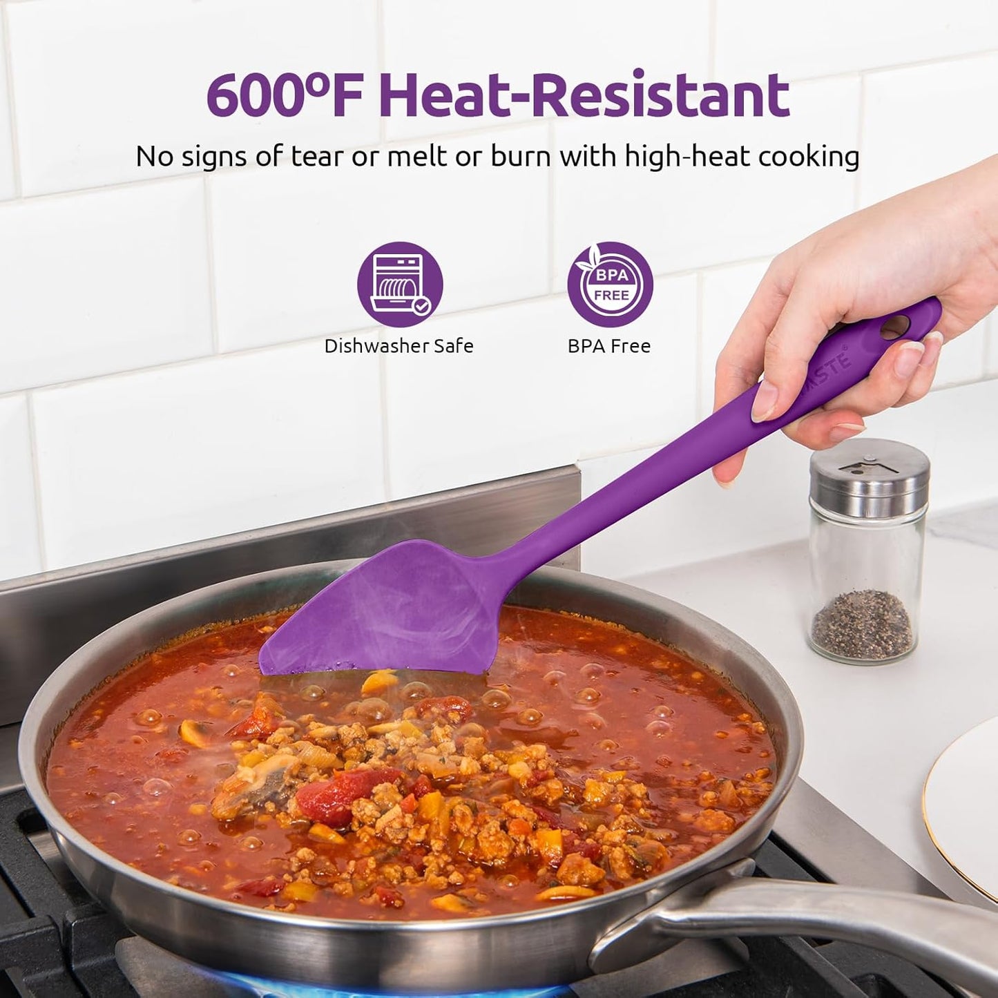 U-Taste Silicone Spatula Set: 600ºF High Heat Resistant, Seamless Food Grade Flexible Rubber Kitchen Cooking Mixing Baking Scraper for Nonstick Cookware Set of 3 (Purple)