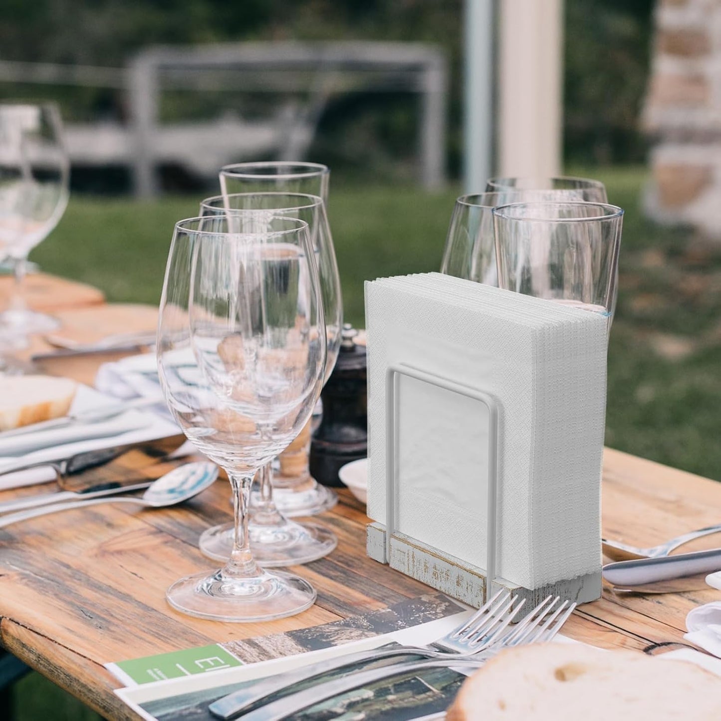 Napkin Holder for Table, Wood Iron Standing Napkin Dispenser for Dining Table Farmhouse Cocktail Picnic Rustic Wood Holders All Kitchen Dining Room Decor White & Farmhouse White