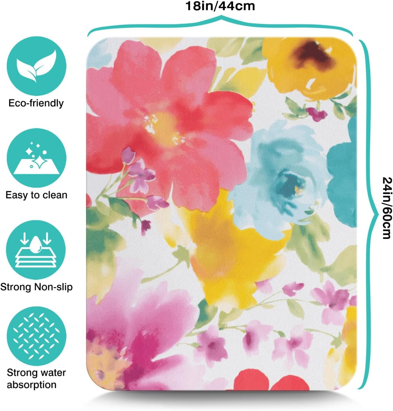 Dish Drying Mat, 24x18in, Watercolor Flower, Nylon, Diatomite, Rubber Backed, Absorbent, Quick Dry, Non-Slip, Wide Use