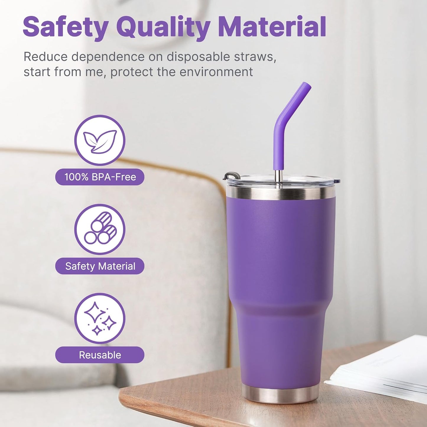 Stainless Steel Straw for 30 oz YETI Tumbler, Metal Straws Reusable with Silicone Tip for Simple Modern 24 oz and 32oz Glass Tumbler, Cleaning Brush, 1 Portable Bag