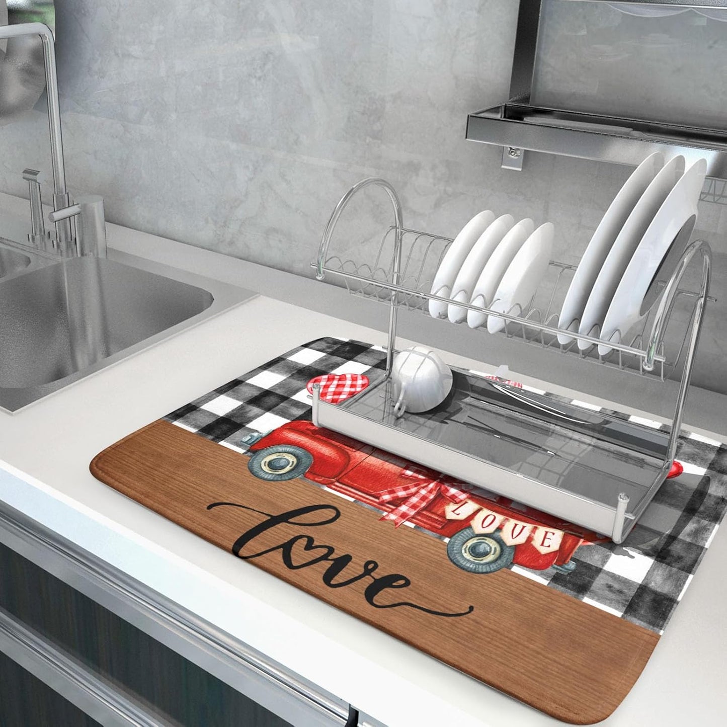 Valentine's Day Red Heart Truck Dish Drying Mat for Kitchen Counter,Black White Buffalo Plaid Love Drying Mat 18 x 24 Inch with Absorbent Reversible Microfiber Dish Drying Pad for Coffee Bar