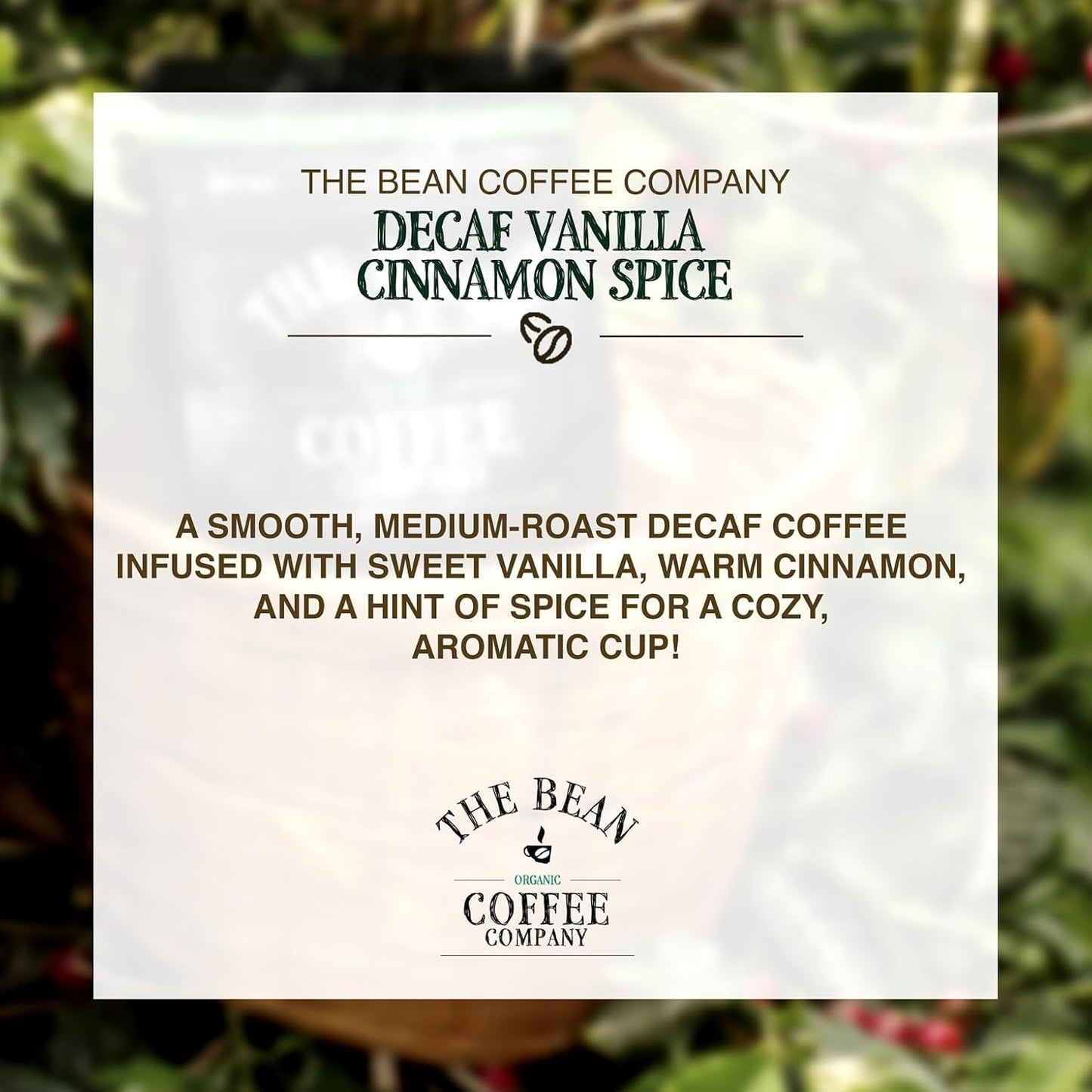 The Bean Organic Coffee Company Water Processed DECAF Vanilla Cinnamon Spice, Medium Roast, Whole Bean Coffee, 16-Ounce Bag