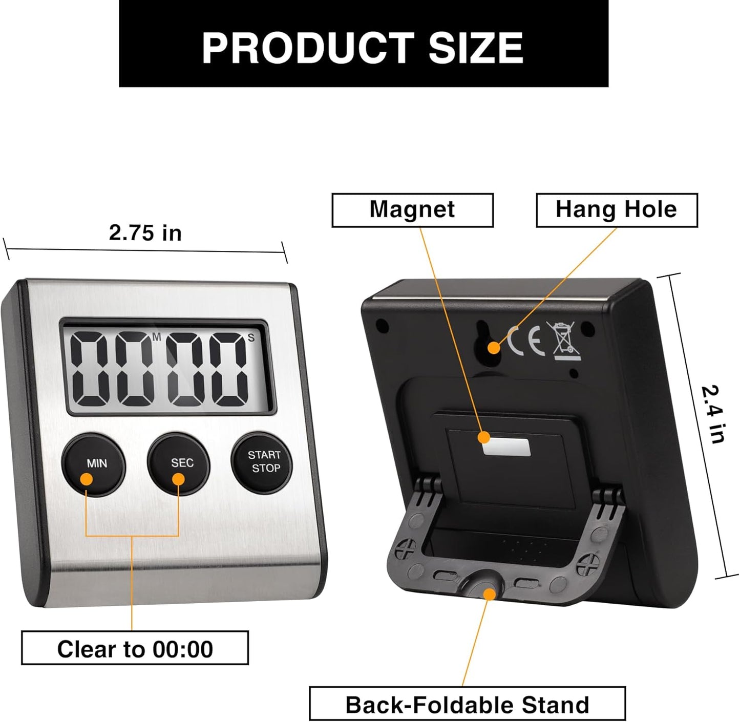 Digital Kitchen Timers for Cooking Strong Magnetic Stainless Steel Countdown Timer for Baking Exercise Office Classroom-2PACK