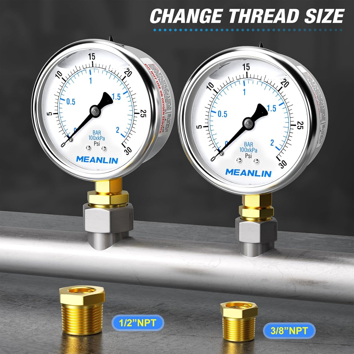 MEANLIN MEASURE 0~30Psi Stainless Steel 1/4" NPT 2.5" FACE DIAL Liquid Filled Pressure Gauge WOG Water Oil Air Lower Mount, with 1/4" x 1/2" NPT and 1/4" x 3/8" NPT Hex Bushing