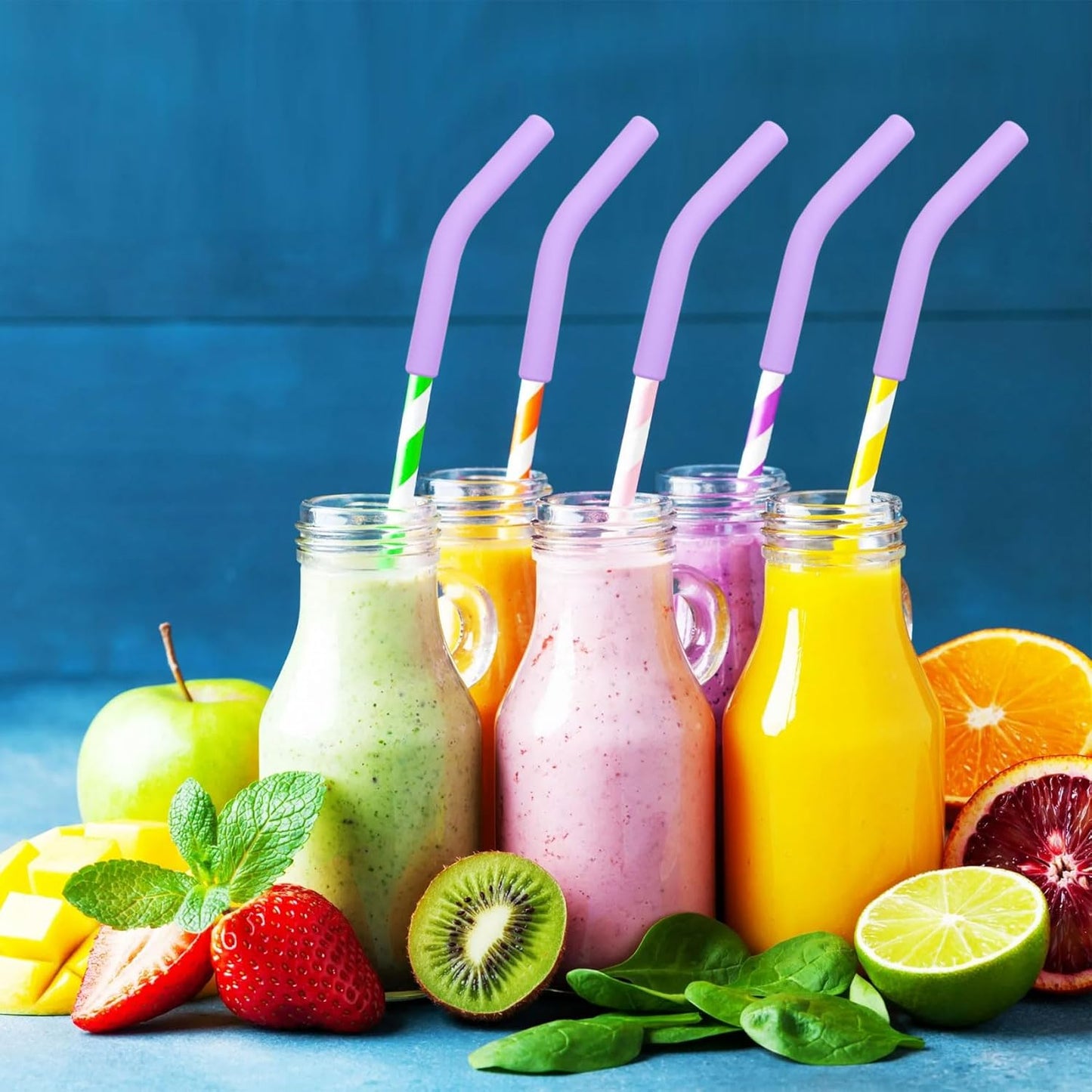 6pcs Food-Grade Silicone Metal Straw Tips, Reusable Flex Elbow Straws Cover Replacement Tips, Soft Straw Toppers Kits for 8 mm Stainless Steel Metal Straws - Light Purple