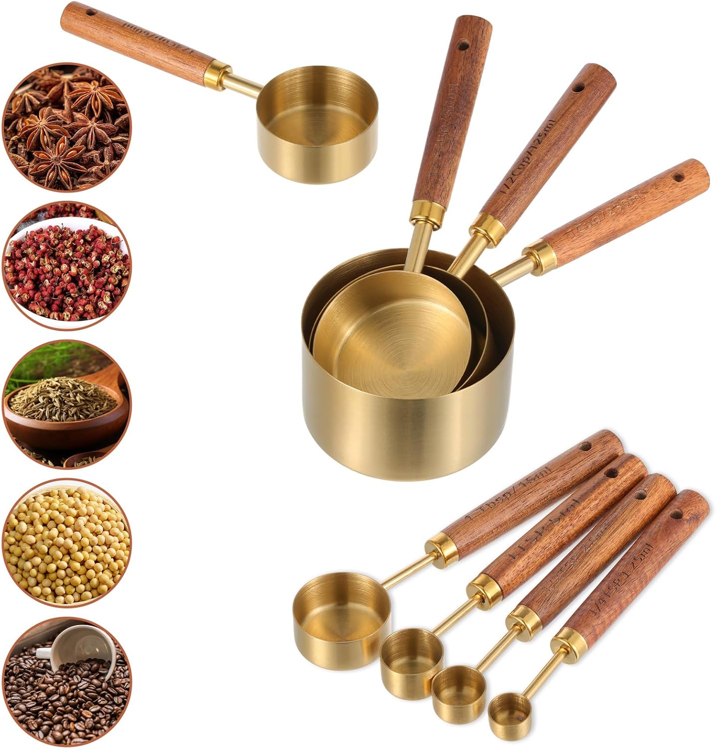 Stainless Steel Measuring Cups Set and Measuring Spoons Wooden Handle Metal Measure Cups and Spoons for Cooking and Baking, Gold, 8 Piece