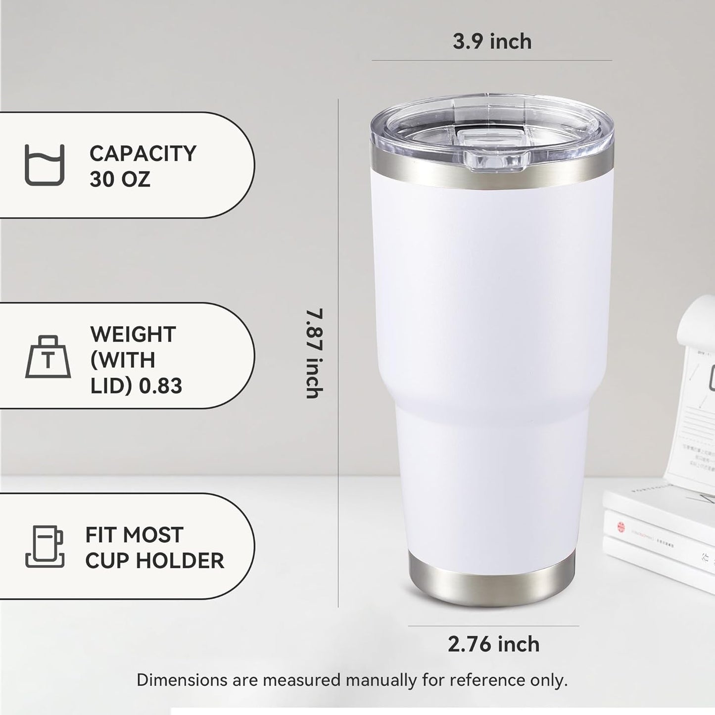 30 oz Tumbler with Lid Stainless Steel Tumblers Bulk Vacuum Insulated Cup Reusable Powder Coated Travel Mug Double Wall Leak Proof Cups Keep Cold Drinks for 12 Hours White, Set of 8
