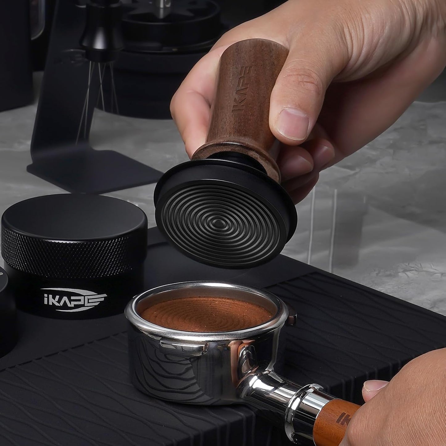 IKAPE 53.3mm Espresso Tamper, Spring-loaded Calibrated Tamper with Walnut Handle, Titanium Ripple Plating Base, Fits for 54 Breville Espresso Machine Bottomless Portafilter