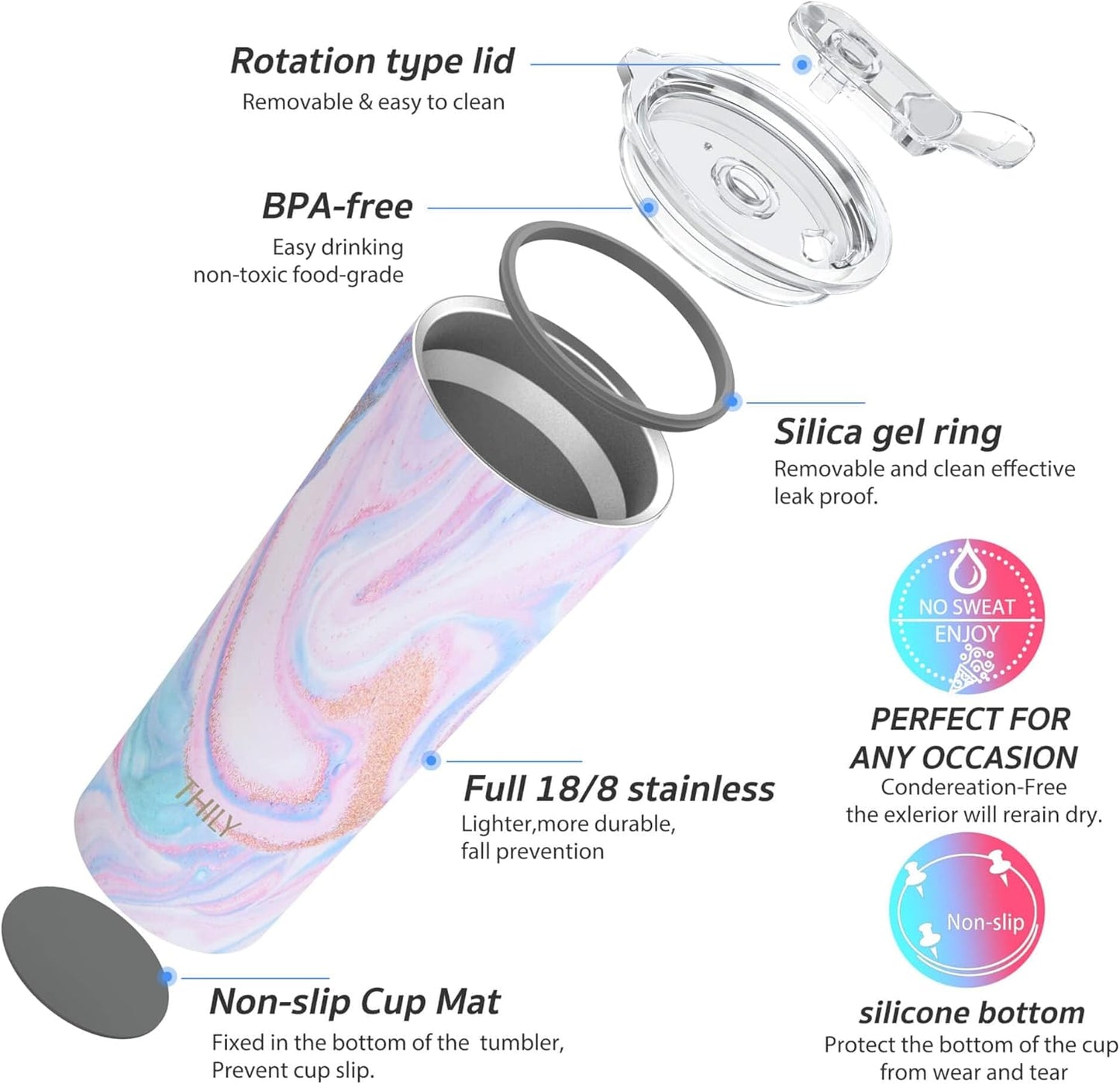 THILY Tumbler Stainless Steel Coffee Cup 26 oz Triple-Insulated Travel Mug with Splash-Proof Lid, for Ice Drinks and Hot Beverage Smoothies Cup, Pink Ripple