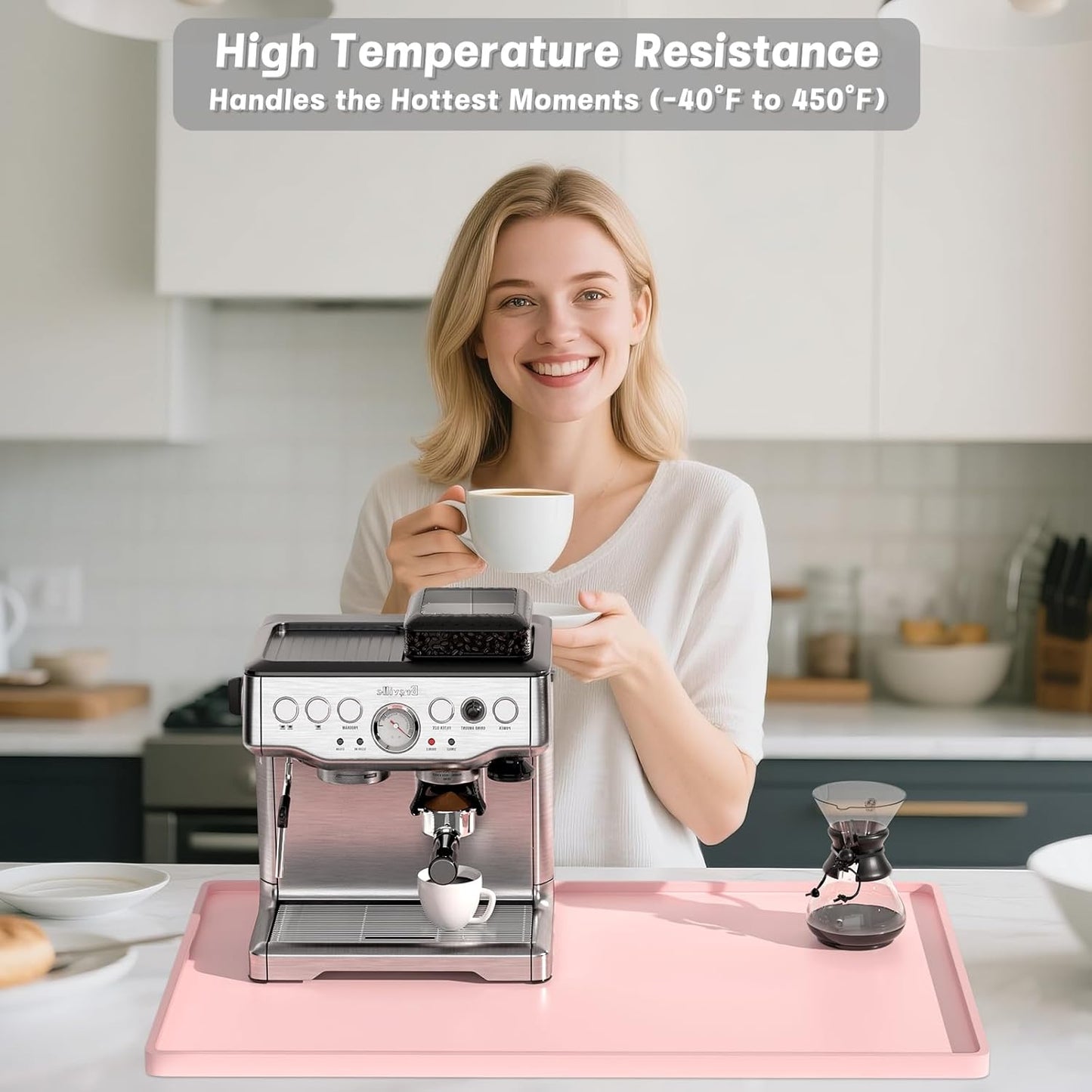 Rnivvi Silicone Coffee Mat, 12" x 19" Waterproof Raised Edge Coffee Bar Mats for Espresso Machine Station Accessories, Heat Resistant Dish Drying Pad for Kitchen Counter, Rubber Bar Decor Pad, Pink