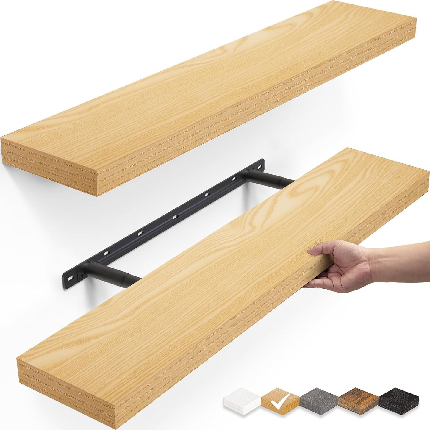 BAYKA Floating Shelves, 22.5" Rustic Wood Wall Mounted Shelves Bathroom, Bedroom, Living Room, Kitchen, Hanging Shelf for Books/Storage/Decor (Oak-Toned,Set of 2)