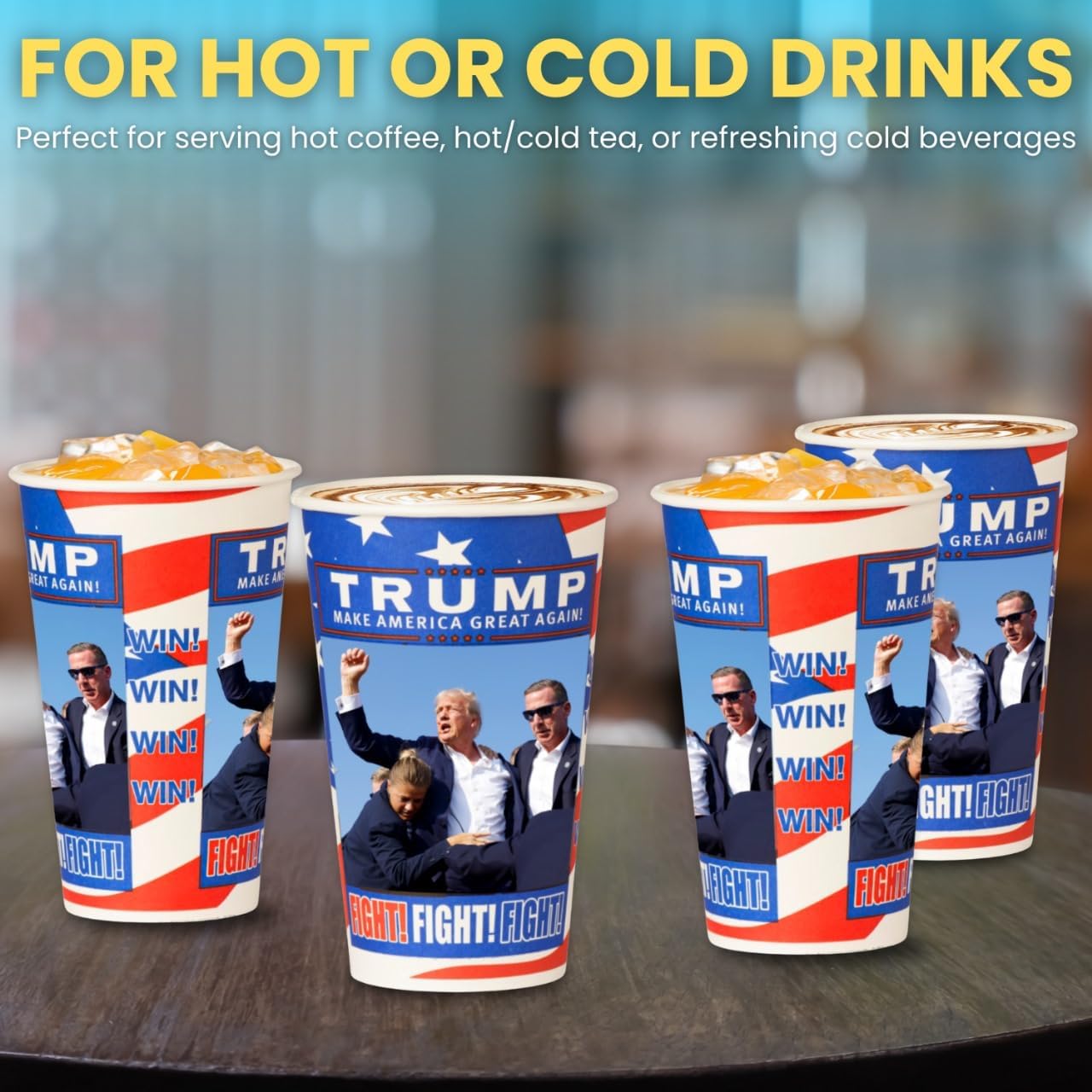 Smygoods Trump Design Disposable Paper Coffee Cups (16 OZ, 50 Count) For Hot Beverages, Tea, Espresso, Cocoa - To Go Drink Containers, Café & Office
