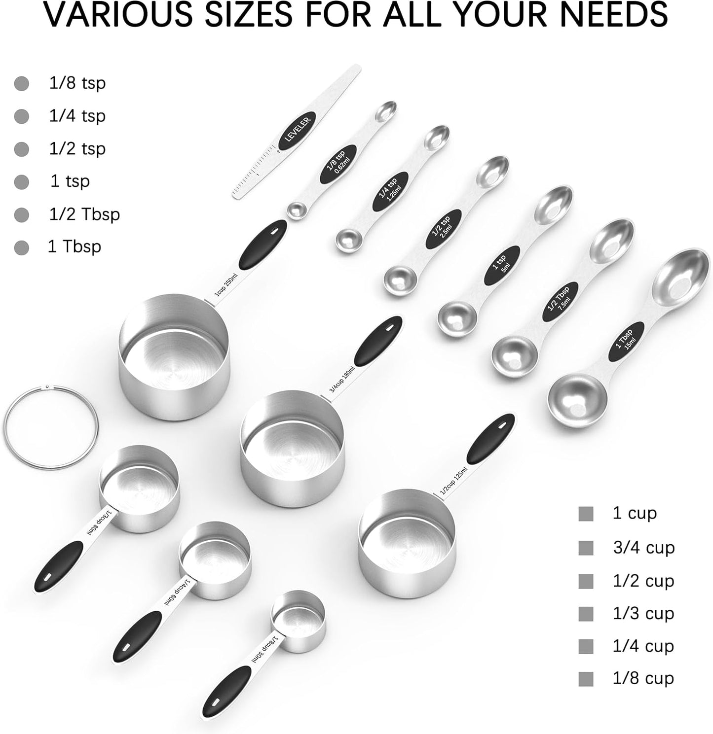 TILUCK measuring cups and magnetic measuring spoons set, stainless steel measuring cups, 6 double-sided stainless steel measuring spoons & 1 leveler (6+7)
