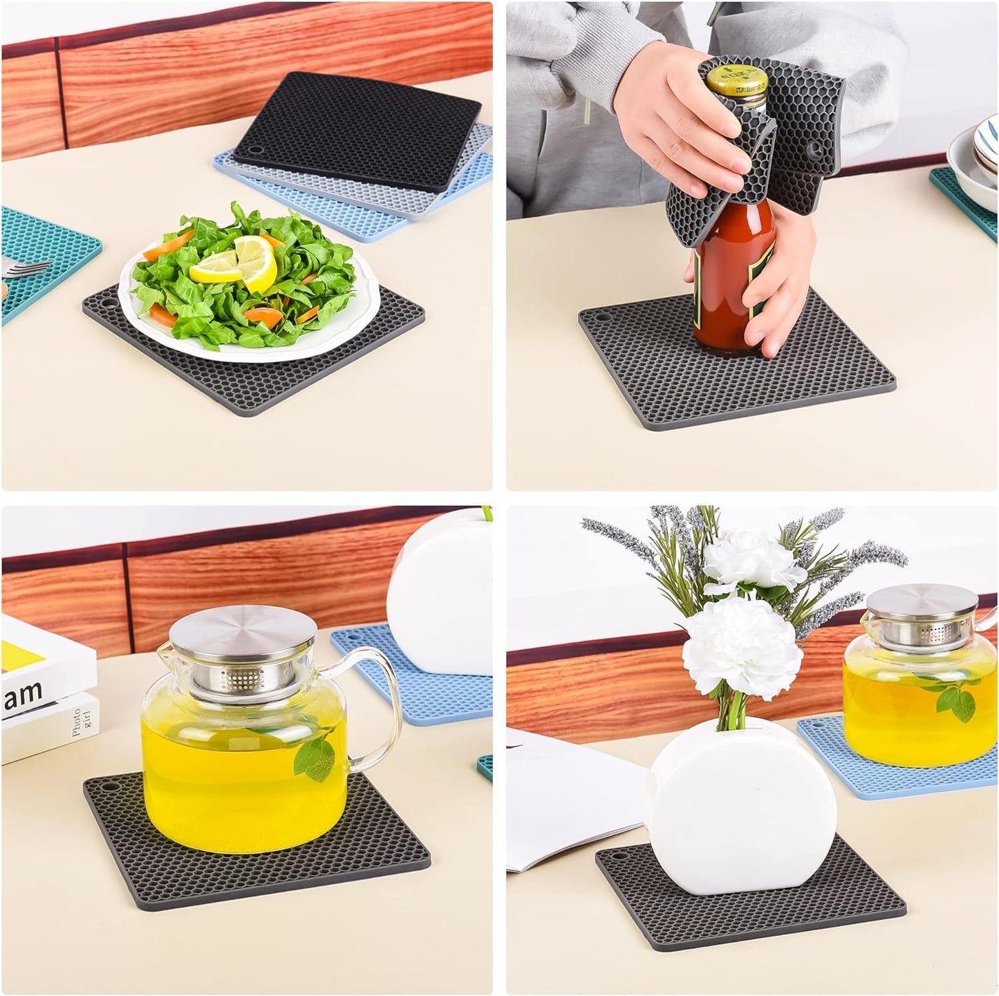 Silicone Trivets Mats, Hot Pads for Pot Holder, Square Trivets for Dishes, Pots and Pans, Multi-Purpose Kitchen Counter Pads, Non-Slip Heat Resistant Mats Set 4 Purple