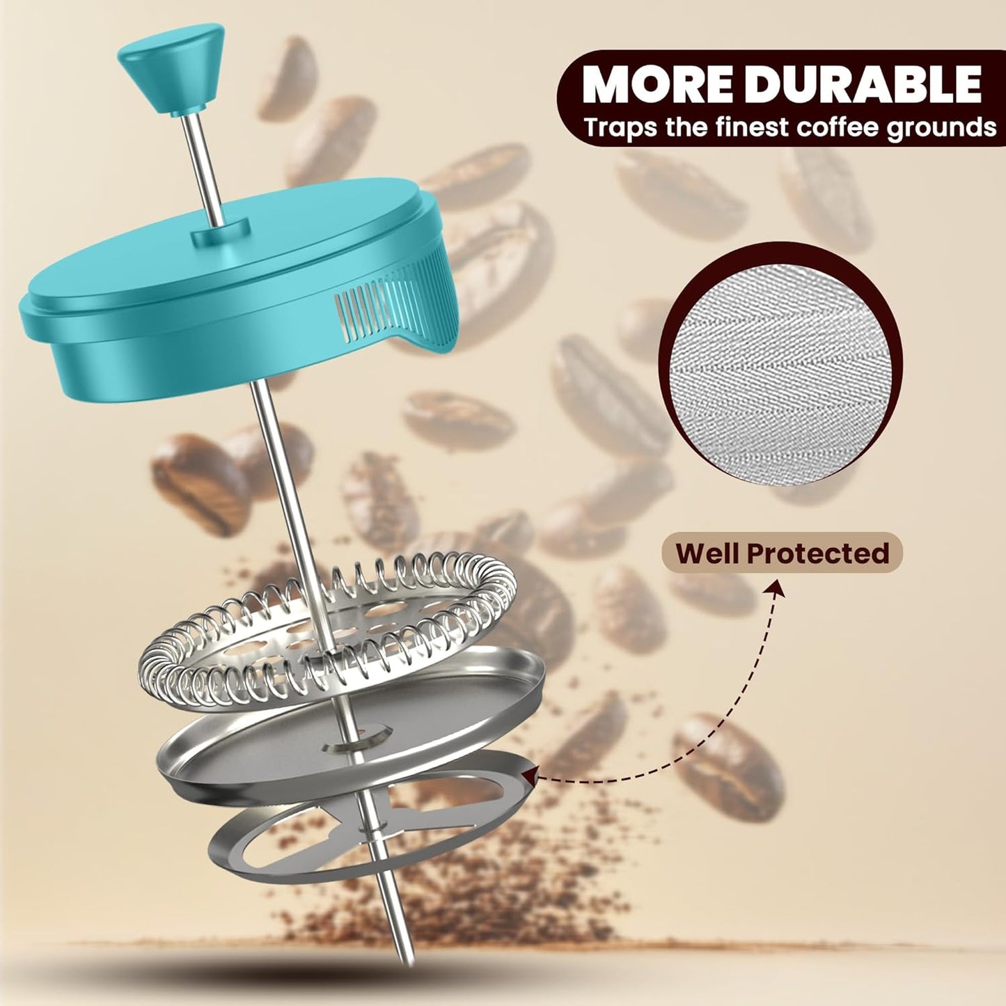 Utopia Kitchen French Press Espresso and Tea Maker with Triple Filters, Stainless Steel Plunger and Heat Resistant Borosilicate Glass (Aqua, 34-oz (Pack of 1))