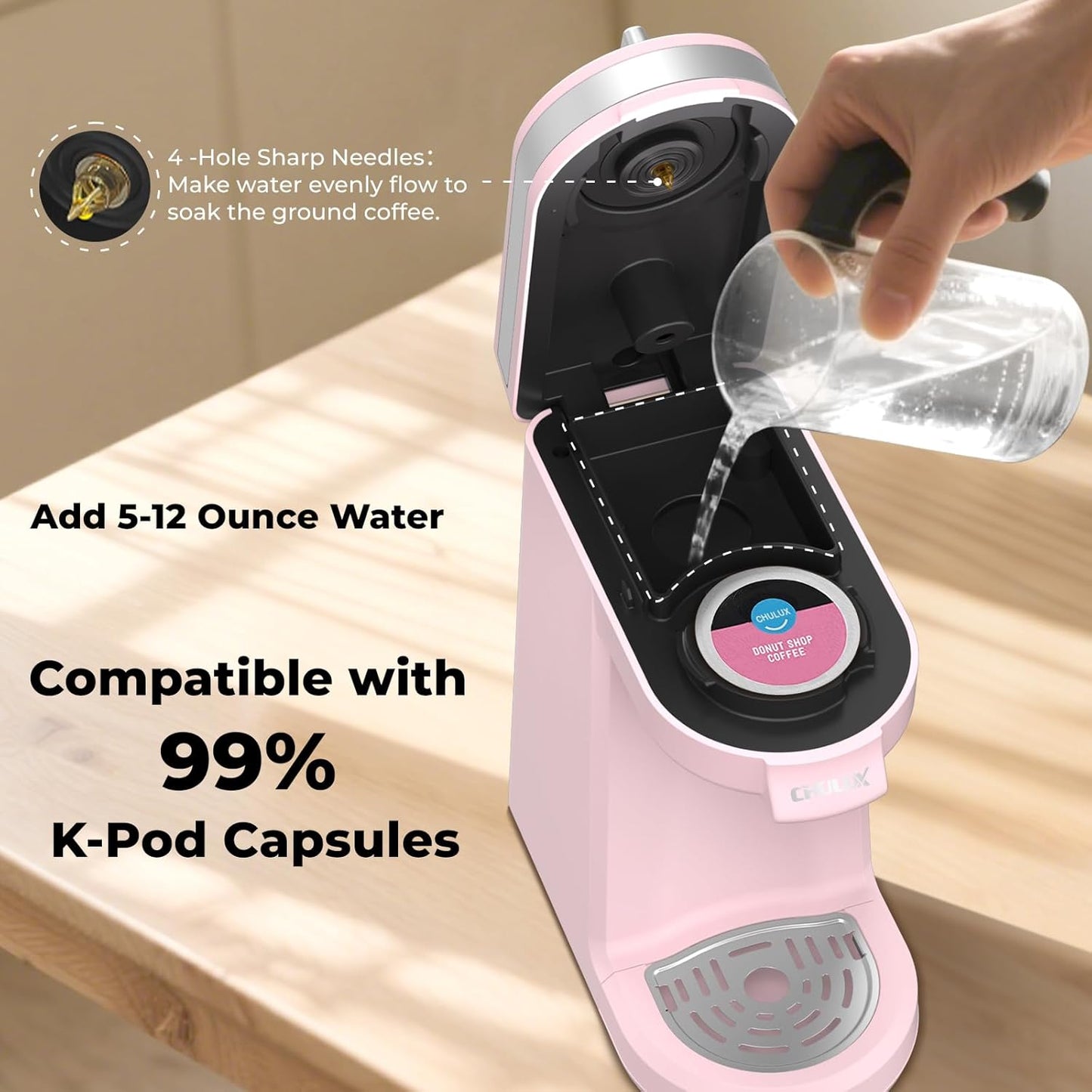 CHULUX Mini Coffee Maker for K Capsule, Single Serve Coffee Maker for One Cup Americano, Lightweight Pod Coffee Machine, Dusty Rose