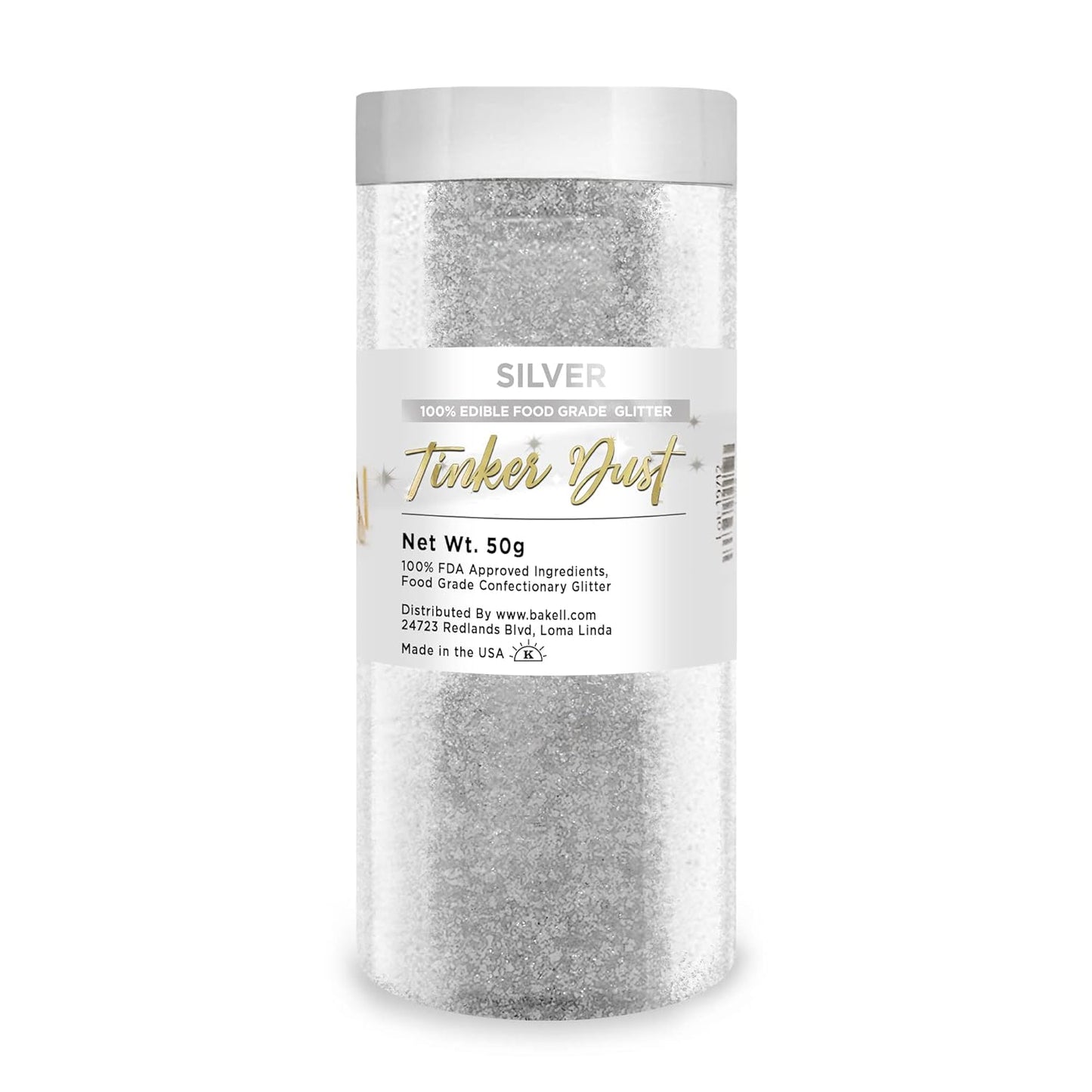 Bakell - Tinker Dust Silver Edible Glitter - for Cakes, Cupcakes, Cake Pops, Drinks and Beverages, 1x 50g Jar
