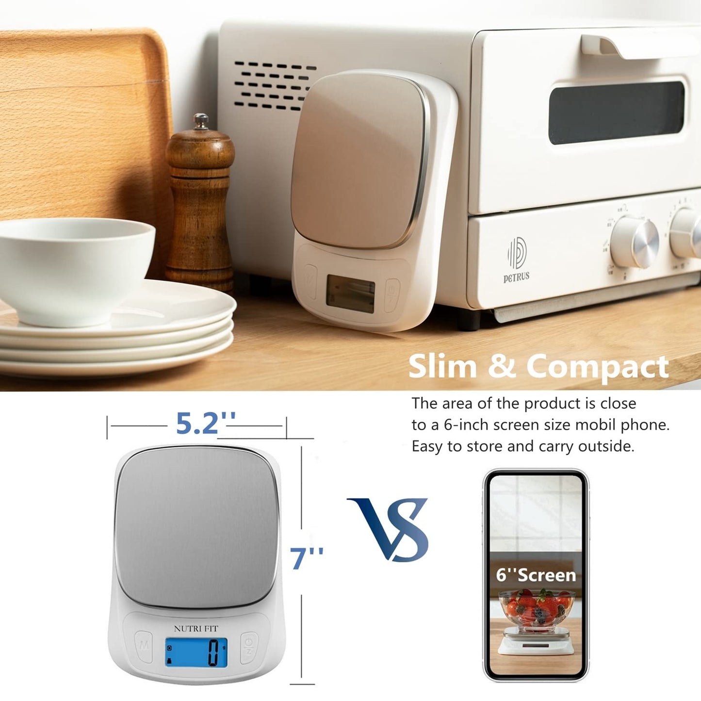 NUTRI FIT Food Kitchen Scale Digital Grams and Ounces Ultra Slim Scale Portable for Baking Cooking Camping Stainless Tare Auto Off Backlit Large LCD Display 11lb/5kg-White