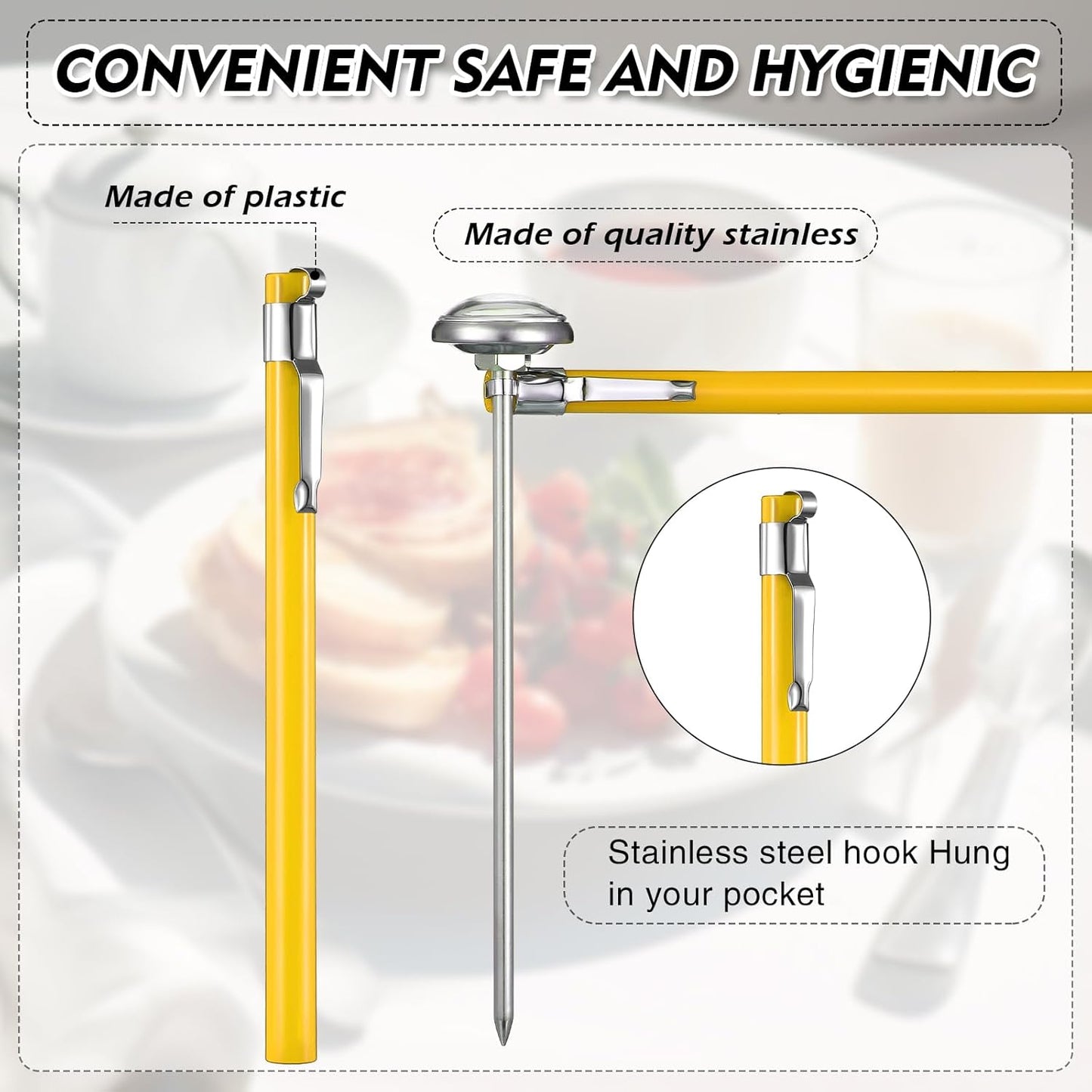 Xuhal 6 Pcs Stainless Steel Kitchen Thermometer with 5 Inch Long Stem 1 Inch Dial Thermometer Milk Frothing Food for Oven Probe Meat Grill BBQ Cooking Chocolate Water(Yellow)