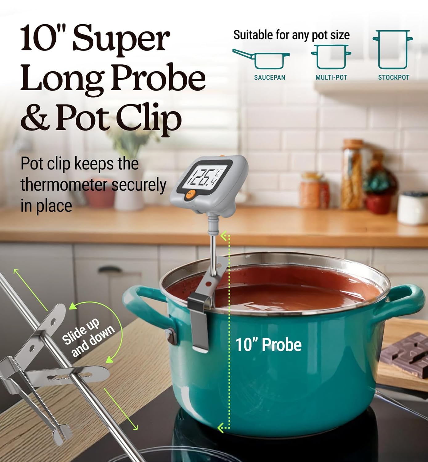 Digital Candy Thermometer with Pot Clip, 10" Long Stainless Steel Probe, Instant Read Kitchen Thermometer for Cooking, Baking, and Candy Making (Gray)