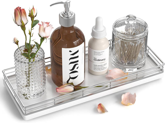 Bathroom Tray for Counter, Oak Wooden 11.2" L Vanity Tray for Jewelry Candle Makeup Perfume, Holder for Coffee Table Decor Bar Silver