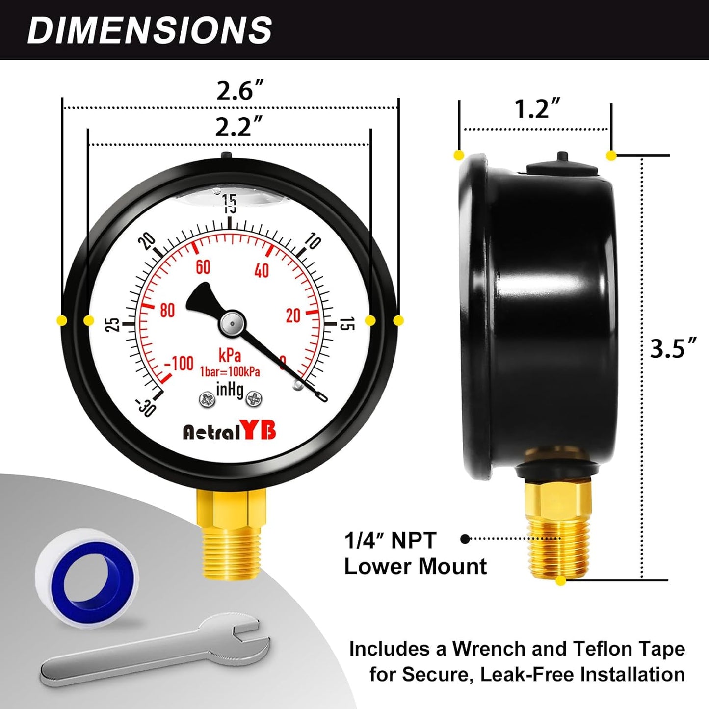 2.5 Inch Vacuum Gauge -30 inHg -100Kpa,304 Stainless Steel Case, Liquid Filled Vacuum Gauge, 2.5" Dial, 1/4" NPT Lower Mount, Vacuum Pressure Gauge for HVAC, Vacuum Pump,Vacuum Pressure Test