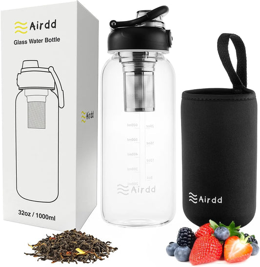Glass Water Bottles with Stainless Tea Infuser 32oz, BPA-Free, Wide Mouth, Leakproof, Protective Sleeve, Borosilicate Glass for Tea and Fruit Infusions, Durable Travel Companion, Reusable Bottle